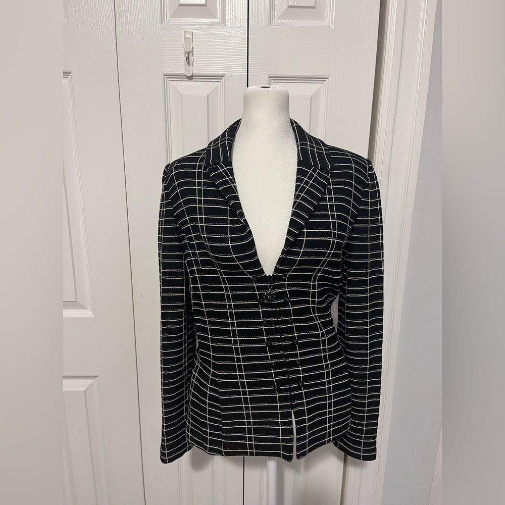 St. John Collection Windowpane Print Blazer Black/White Size 8